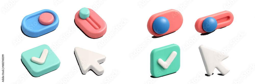 Poster modern ui toggle switches and checkmark icons with cursor. modern 3d icon set