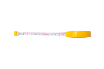 Flexible measuring tape isolated with yellow plastic case, extended white tape showing red centimeter markings, tool for sewing, tailoring, fitness, and daily measurements