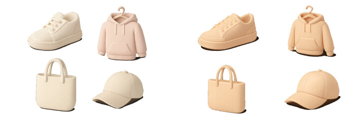 Casual fashion items: sneakers, hoodie, tote bag, baseball cap in pastel colors. Modern 3D Icon Set