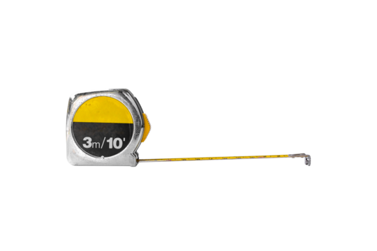 Steel measuring tape 3m 10ft isolated with yellow and black case, retractable ruler tool for construction, woodworking, and DIY projects, accurate length measurement equipment