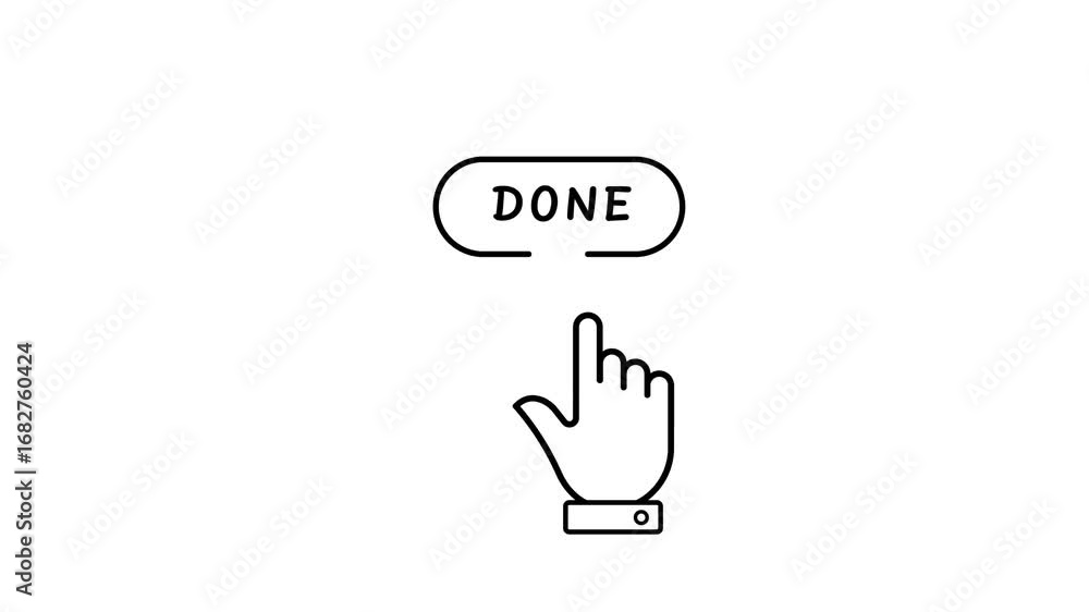 Aufkleber hand cursor clicking a rounded button with the word done on white background image photo