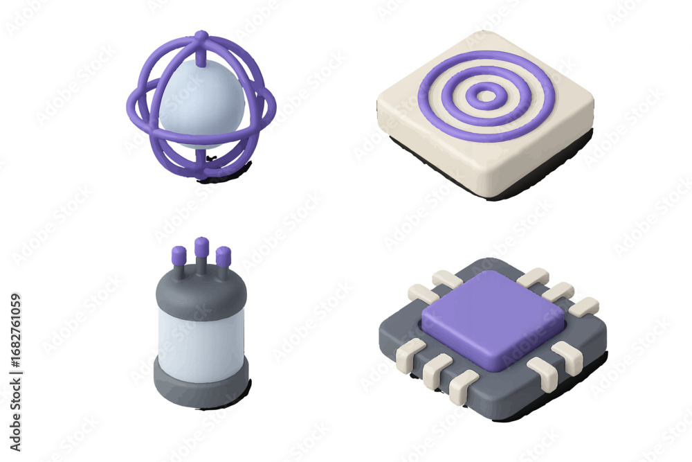Poster abstract geometric shapes and technology components in isometric view. modern 3d icon set