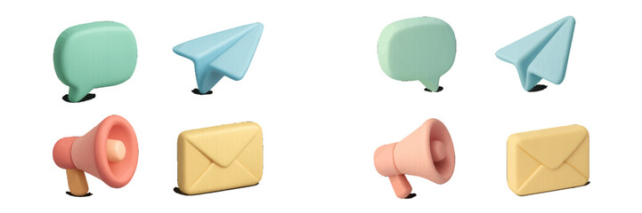 Pastel communication icons: speech bubble, paper airplane, megaphone, envelope. Modern 3D Icon Set