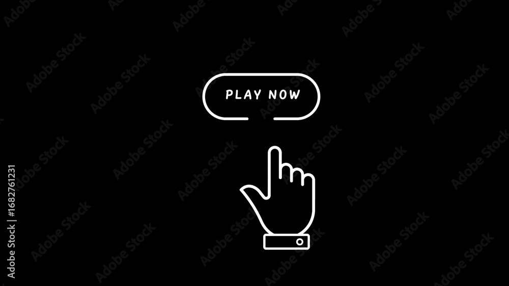 Poster hand cursor clicking a play now button with outline style on black background finger