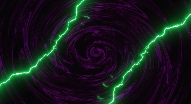 Green lightning strikes against a swirling purple and black background