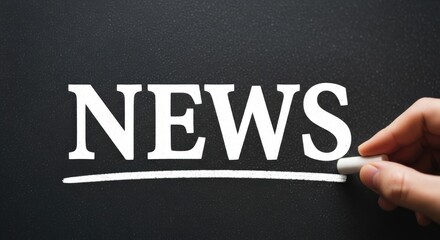 White chalk writing N E W S on black chalkboard with hand news blackboard