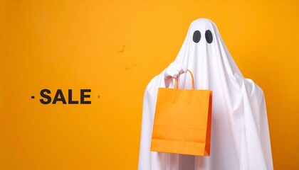 Ghost figure in white sheet holding orange shopping bag on bright orange background