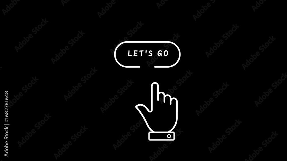 Poster white outline icon of a hand pressing a lets go button on a black background image photo