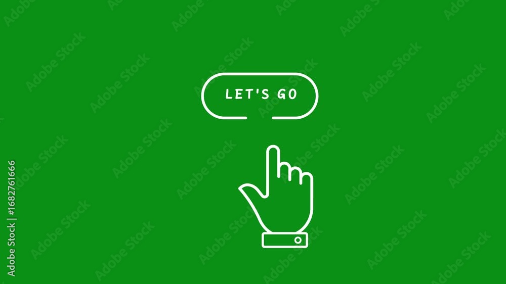 Poster white outline icon of a hand pressing a lets go button on a green background image photo