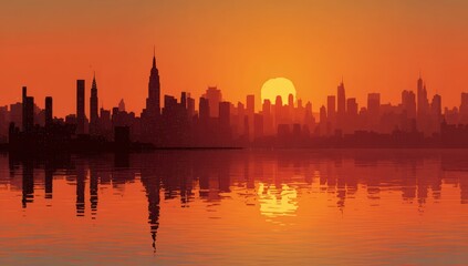 Obraz premium Silhouette of a city skyline at sunset, reflected in water