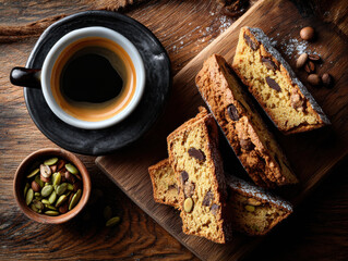 Fototapeta premium Delight in coffee in different cultures with rich espresso served alongside crunchy biscotti featuring chocolate and nuts