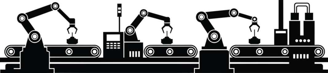 Automated factory production line with robotic arms and conveyor belts for industrial manufacturing