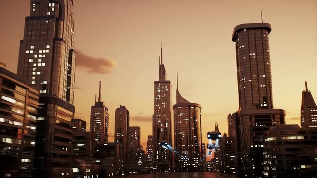 Cinematic animation of a futuristic megacity with flying spaceships and illuminated skyscrapers at sunset