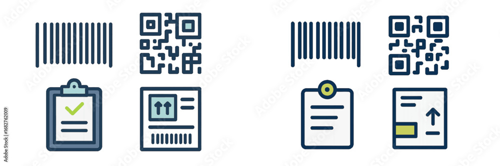 Aufkleber barcode and qr code scanning with shipping and checklist icons. modern 3d icon set