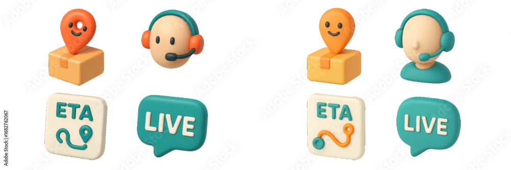 Poster delivery tracking and customer support icons with location pin and package symbols. modern 3d icon s