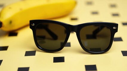 Stylish black sunglasses resting on a yellow surface with a blurred banana in the background