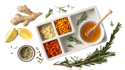 Overhead View of Ingredients for Sea Buckthorn Rosemary Ginger Lemon Honey Tea Arranged on White Tray Against Black Background Featuring Honey in Small Bowl with Honey Dipper