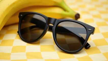 Black sunglasses resting on a yellow checkered picnic blanket with bananas
