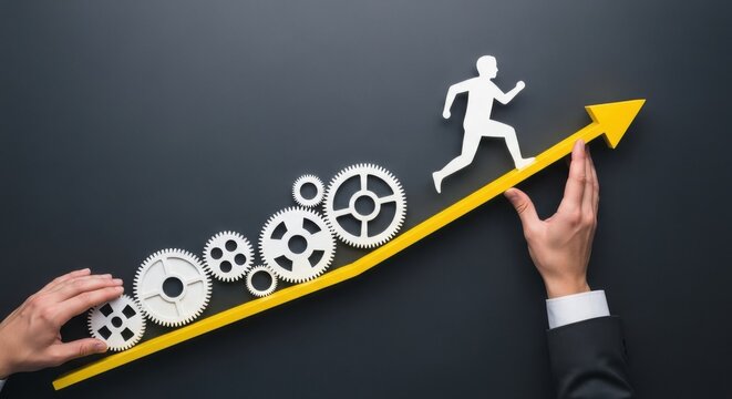 White silhouette figure running up yellow arrow graph with gears on dark background business technology