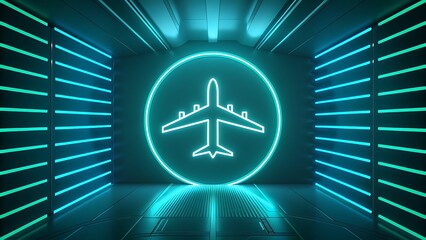 Futuristic Neon Airplane Icon in a Cyberpunk Tunnel with Blue and Green Lights