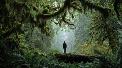 Man standing on a log in a mossy forest misty scene