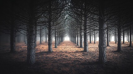 Moody dense forest scene in 4K using a 70-200mm f2.8 lens, natural morning fog weaving through pine trees, cinematic depth with soft contrast