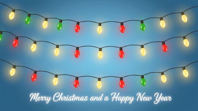 A festive holiday greeting card with the message "Merry Christmas and a Happy New Year" below three strings of colorful glowing Christmas lights on a blue background

