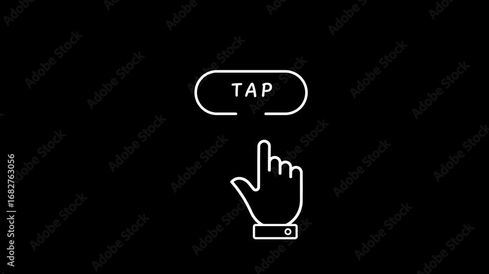 Poster white outline icon of a hand tapping a button labeled tap on black background finger pointer