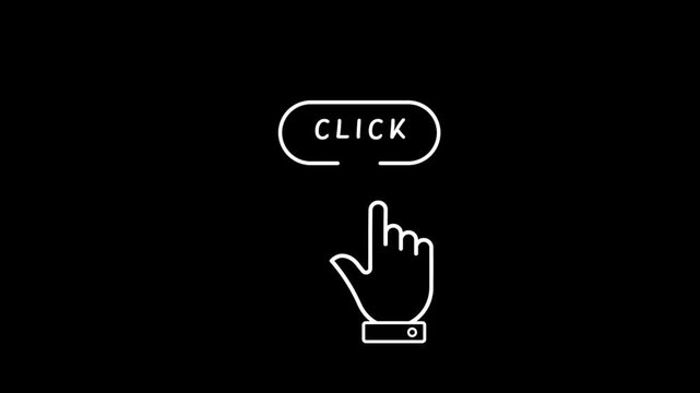 White Outline Icon of a Hand Clicking a Button Labeled CLICK on Black Background finger pointer