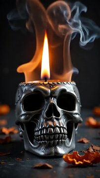 Spooky Halloween ambiance with a burning candle in a metallic skull holder, creating gothic decor with swirling smoke effects for your festive projects