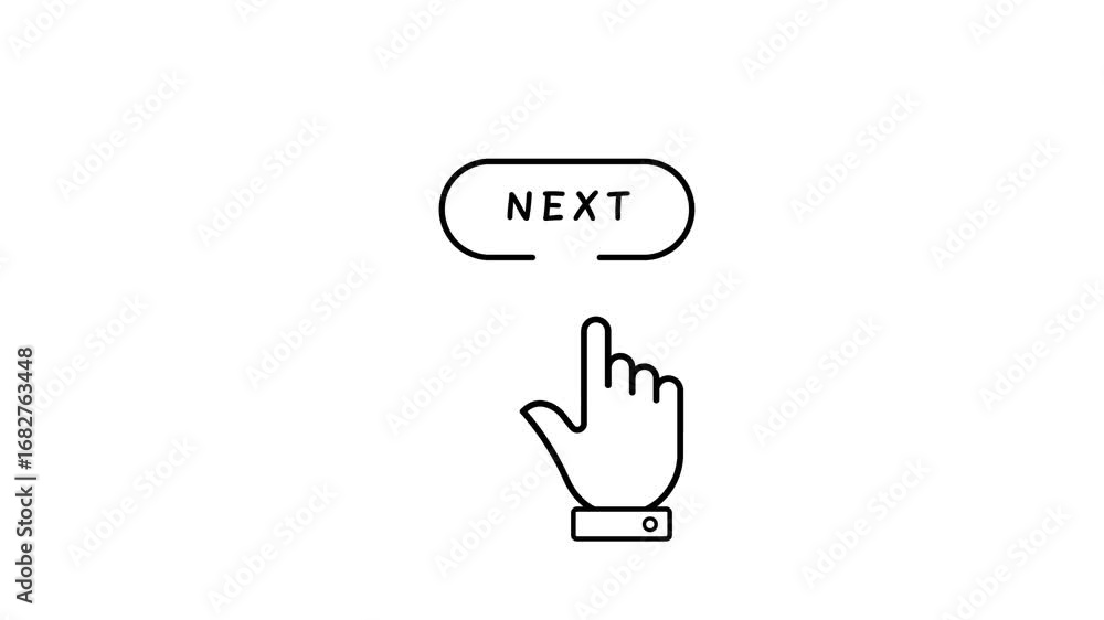 Poster black outline icon of a hand pressing a button with the word next on a white background click next