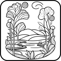 Stylized illustration of waterside floral scene with hills and decorative elements in black and