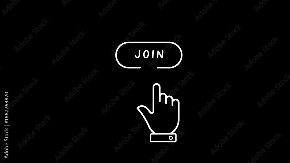 Poster hand cursor clicking on a white oval button with the word join on black background finger