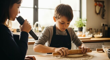 Brother rolls the dough while sister sings in a kitchen filled with familial warmth baking day