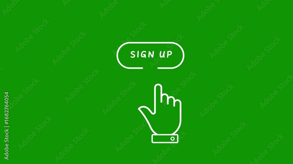 Poster hand cursor clicking on a white outline button with the words signup on a green background sign up