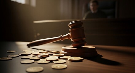 Gavel and coins on a table, representing legal or financial decisions.