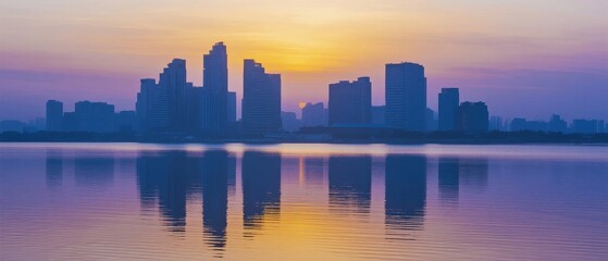 Naklejka premium Cityscape Reflection at Sunset