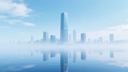 Futuristic Cityscape Reflected in Calm Water Under Clear Sky