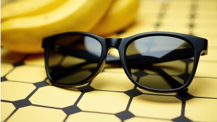 Stylish black sunglasses resting on a yellow tiled surface with bananas in the background