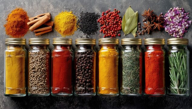 Colorful spice jars arranged on a textured surface - Powered by Adobe