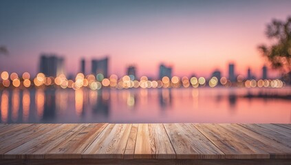 Wooden deck overlooking a city skyline at sunset.  Blurred city lights reflect on calm water