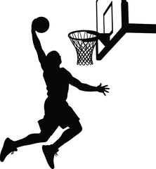 Silhouette of a basketball player performing a slam dunk