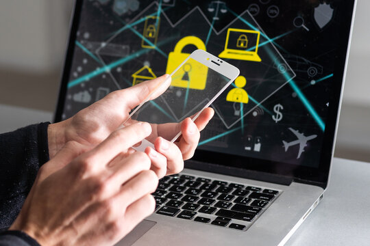 business, statistics, people and future technology concept - close up of businessman hand with charts on transparent smartphone screen and virtual projections over black background.