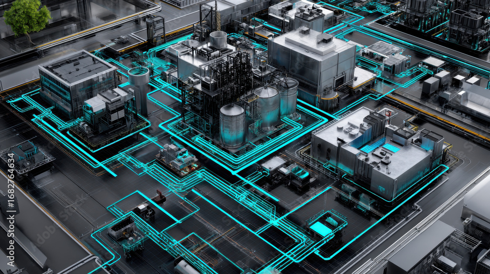 Poster smart eco factory with advanced sensor technology showcases modern industrial landscape featuring in