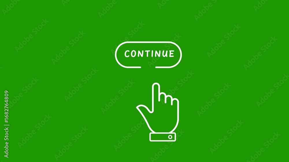 Poster hand cursor clicking the continue button icon on green background next proceed