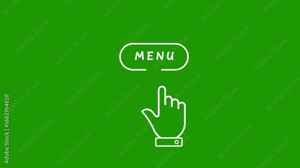 Poster white line art hand cursor pressing a white oval button with the word menu on a green background cli