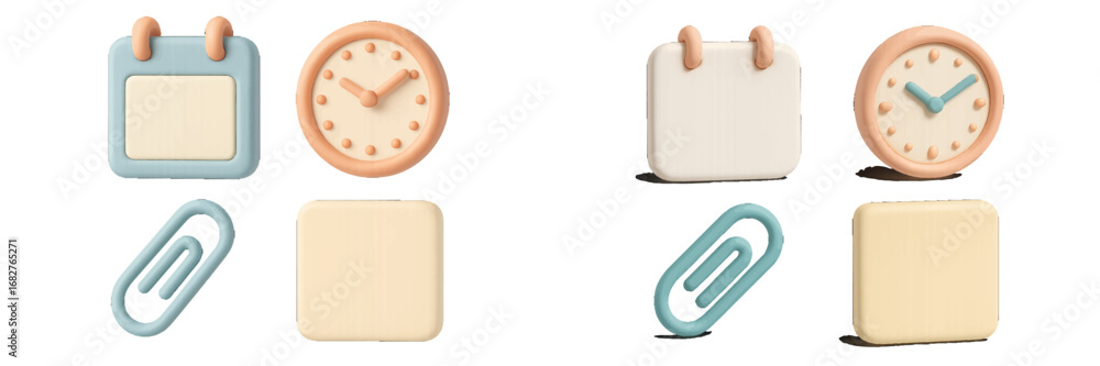 Poster calendar and clock icons with paperclip and square. modern 3d icon set