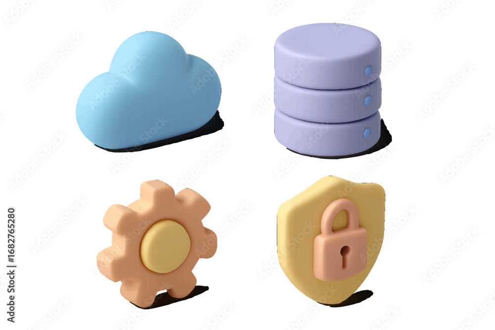 Poster cloud database gear security icons soft lighting. modern 3d icon set