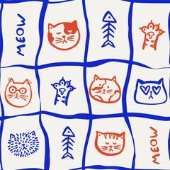 Seamless hand-drawn cat pattern with doodle cat faces, cute paw, meow lettering and wavy grid lines.