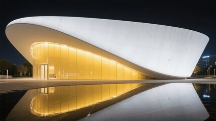 Obraz premium Modern Curved Building with Illuminated Facade at Night